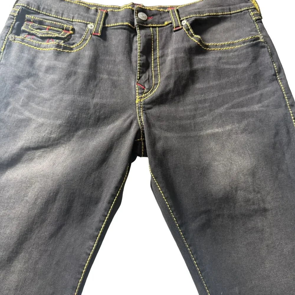 True Religion Geno Relaxed Slim Black Jeans Red Stitch Flap Pocket Men’s 38x31